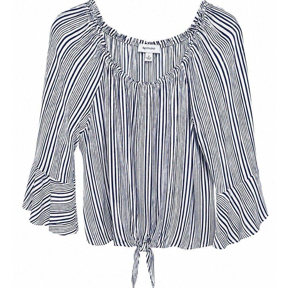 AB Studio Women’s Large Navy White Stripe Peasant Blouse Bell Sleeve Tie Front